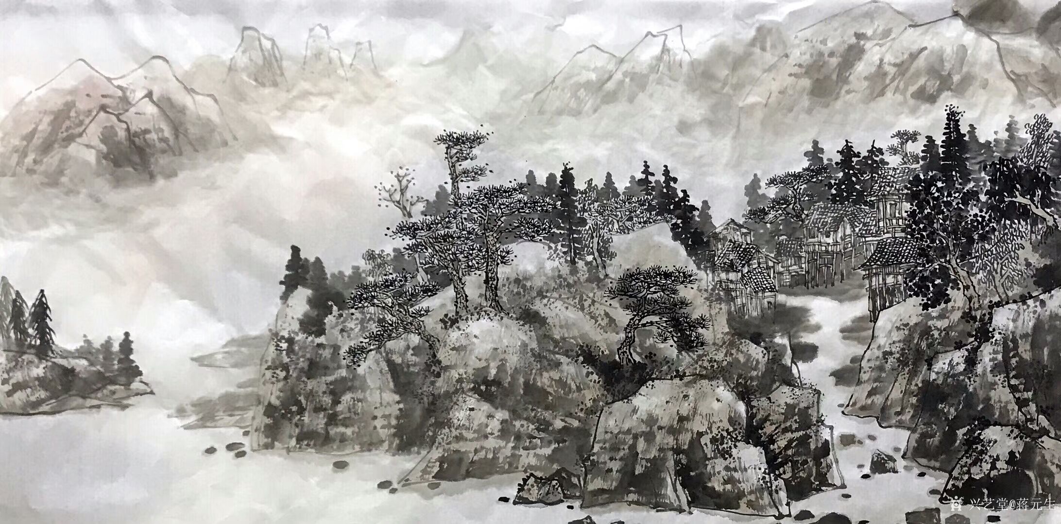 蒋元生日记:每日一画,国画山水画《苗寨印象》,尺寸69*140cm_兴艺堂