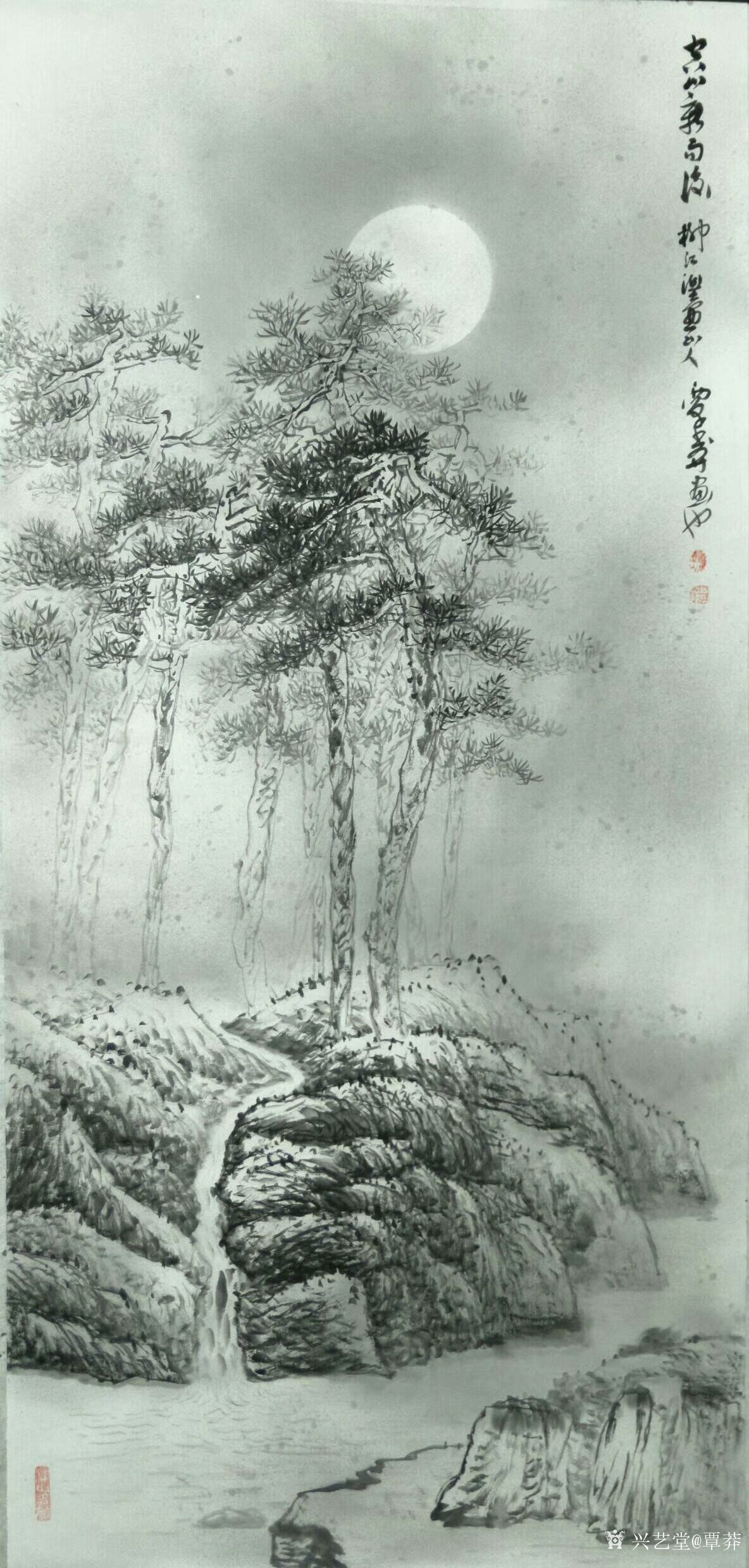 覃莽日记-朋友出题定制一一国画山水画《明月松间照,清泉石上流.