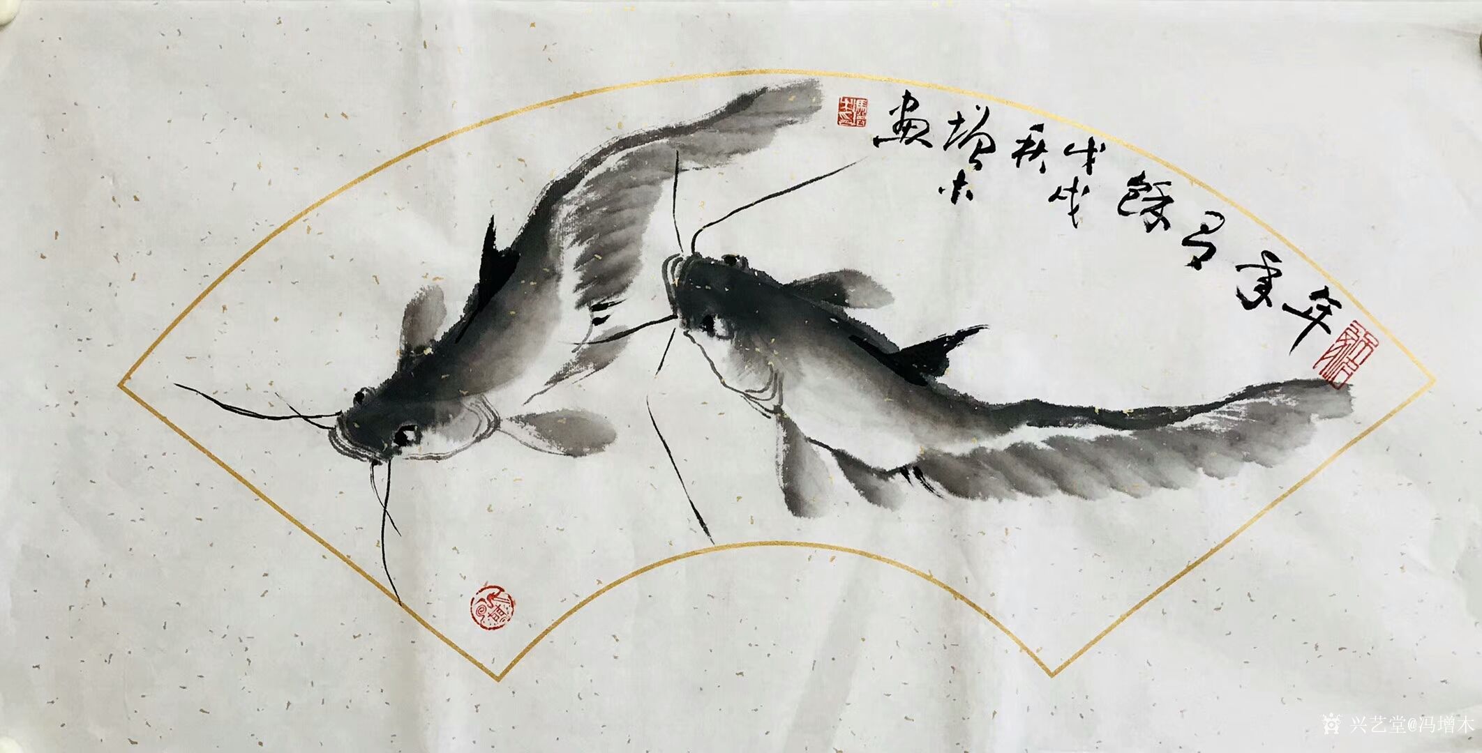 冯增木日记-近作小品斗方扇面国画鱼作品选发,《春风得意》,《富贵图