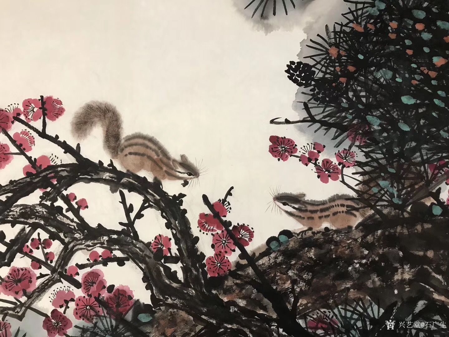 石广生日记:国画花鸟画作品《松梅图》附五言诗一首； 阿松兄和梅姐近_兴艺堂