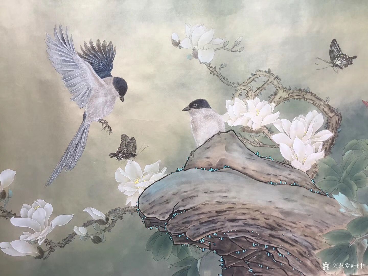 汪林日记:国画牡丹工笔花鸟画作品《富贵双喜》尺寸170x60cm;戊戍_兴艺堂