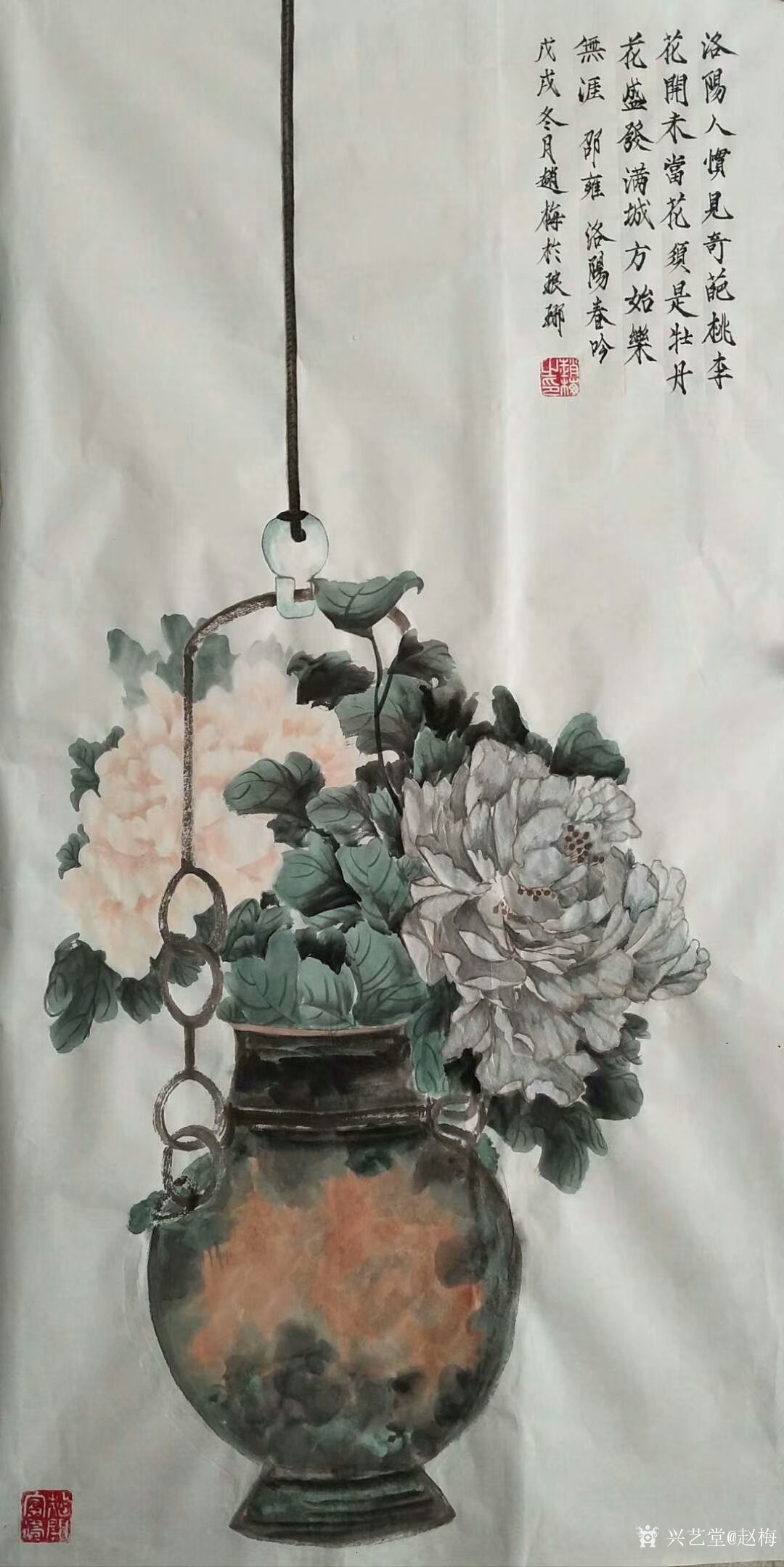 赵梅日记-国画牡丹作品《洛阳春吟》,尺寸四尺竖幅68x138cm.