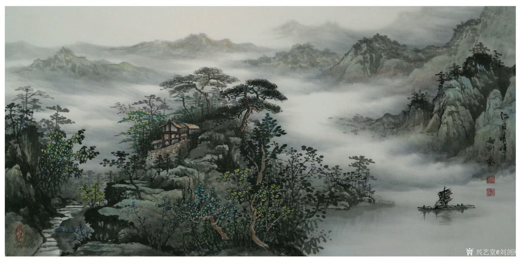 刘剑刚-国画山水作品《桃花细逐杨花落,黄鸟时兼白