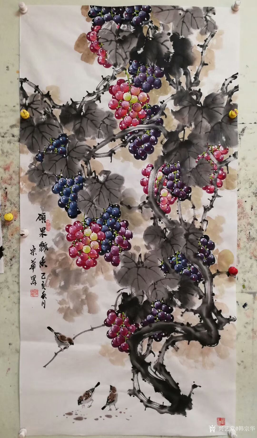韩宗华日记:国画花鸟画葡萄系列《硕果累累》,葡萄架下配麻雀,动静结合,别_兴艺堂