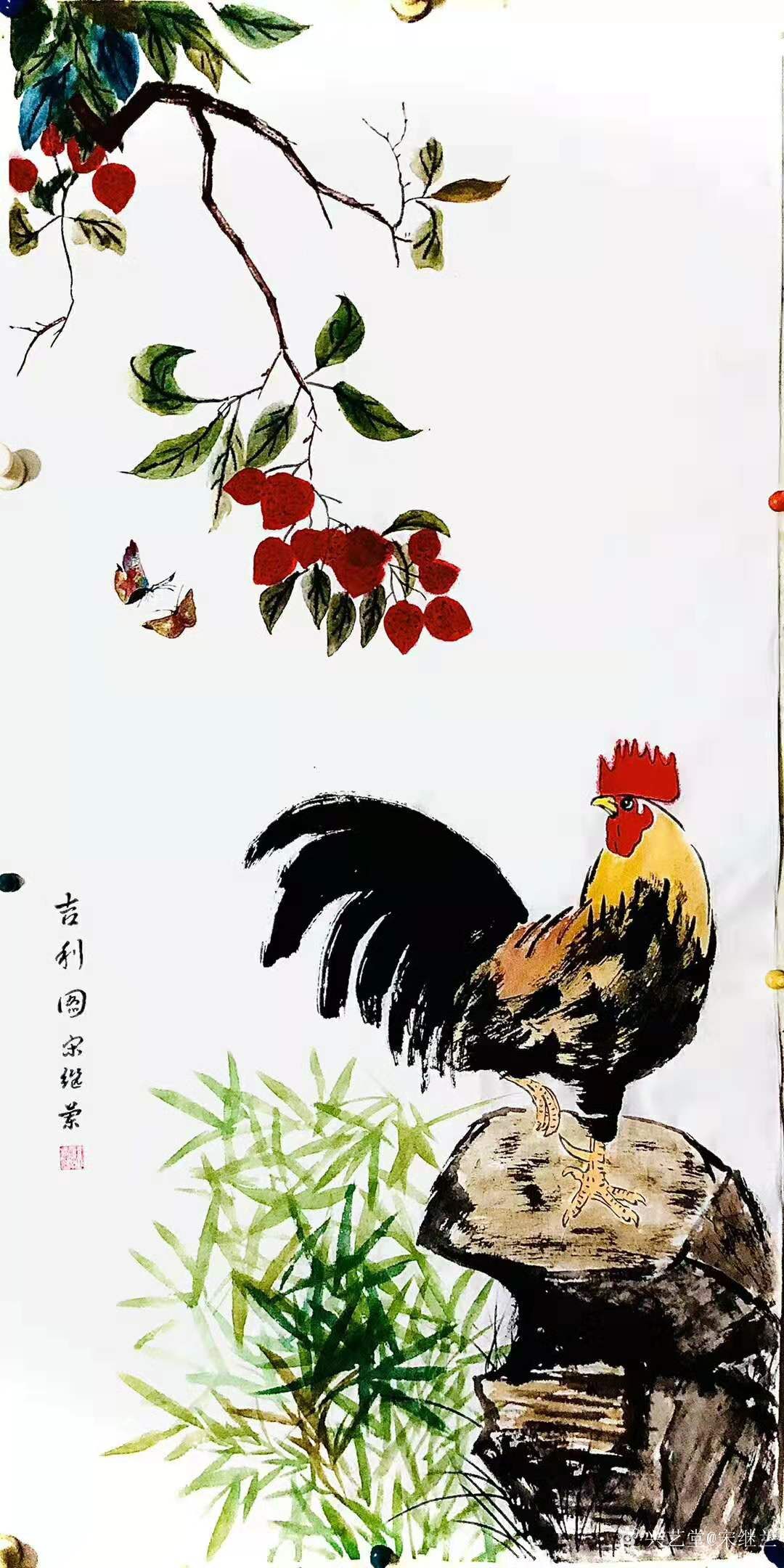 宋继兰日记-国画公鸡《吉利图》尺寸四尺竖幅168x38cm,乙亥年冬月新
