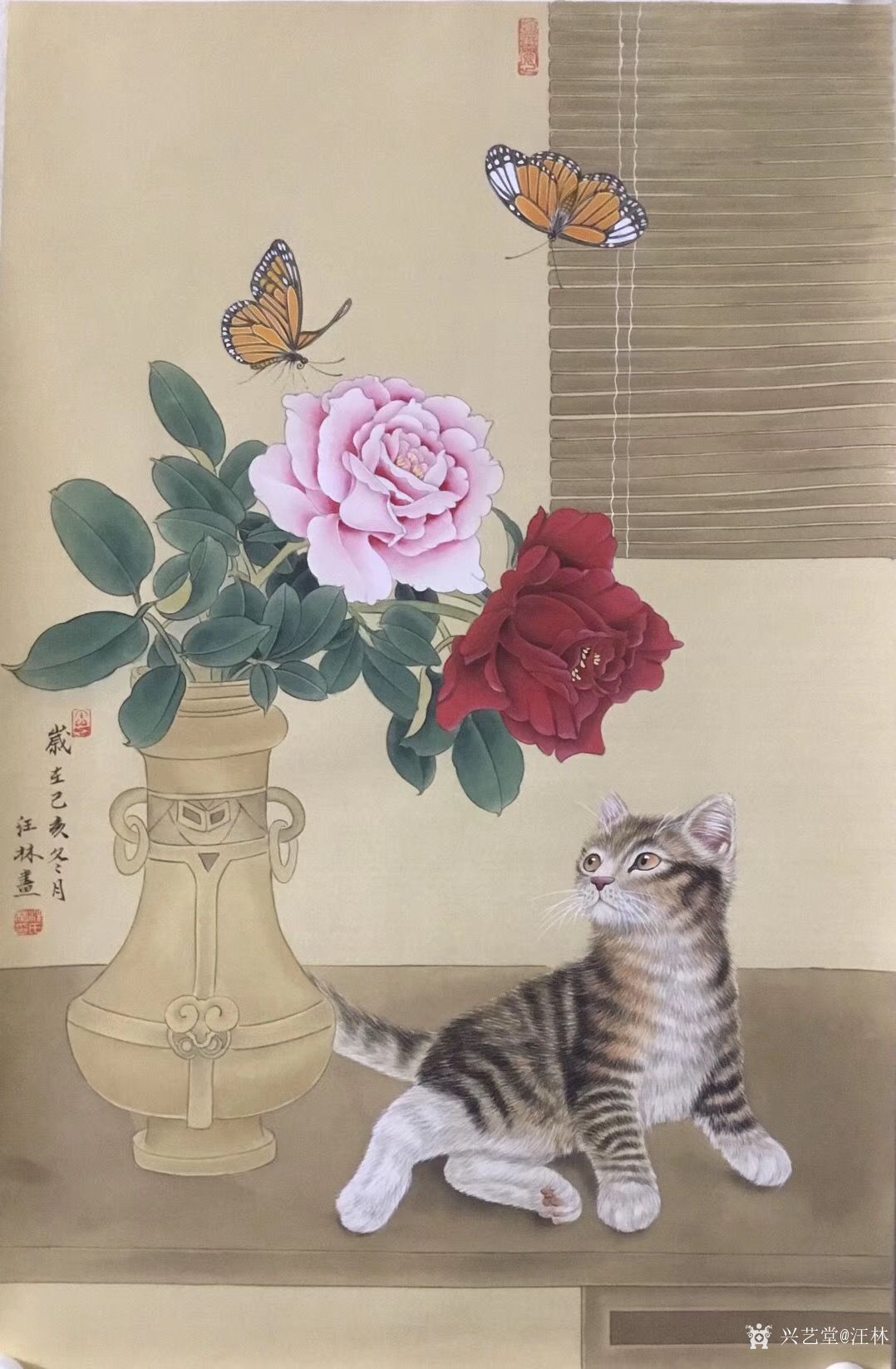 汪林日记-国画工笔花鸟画《赏花观蝶》,尺寸68x45cm,乙亥年冬月新创作