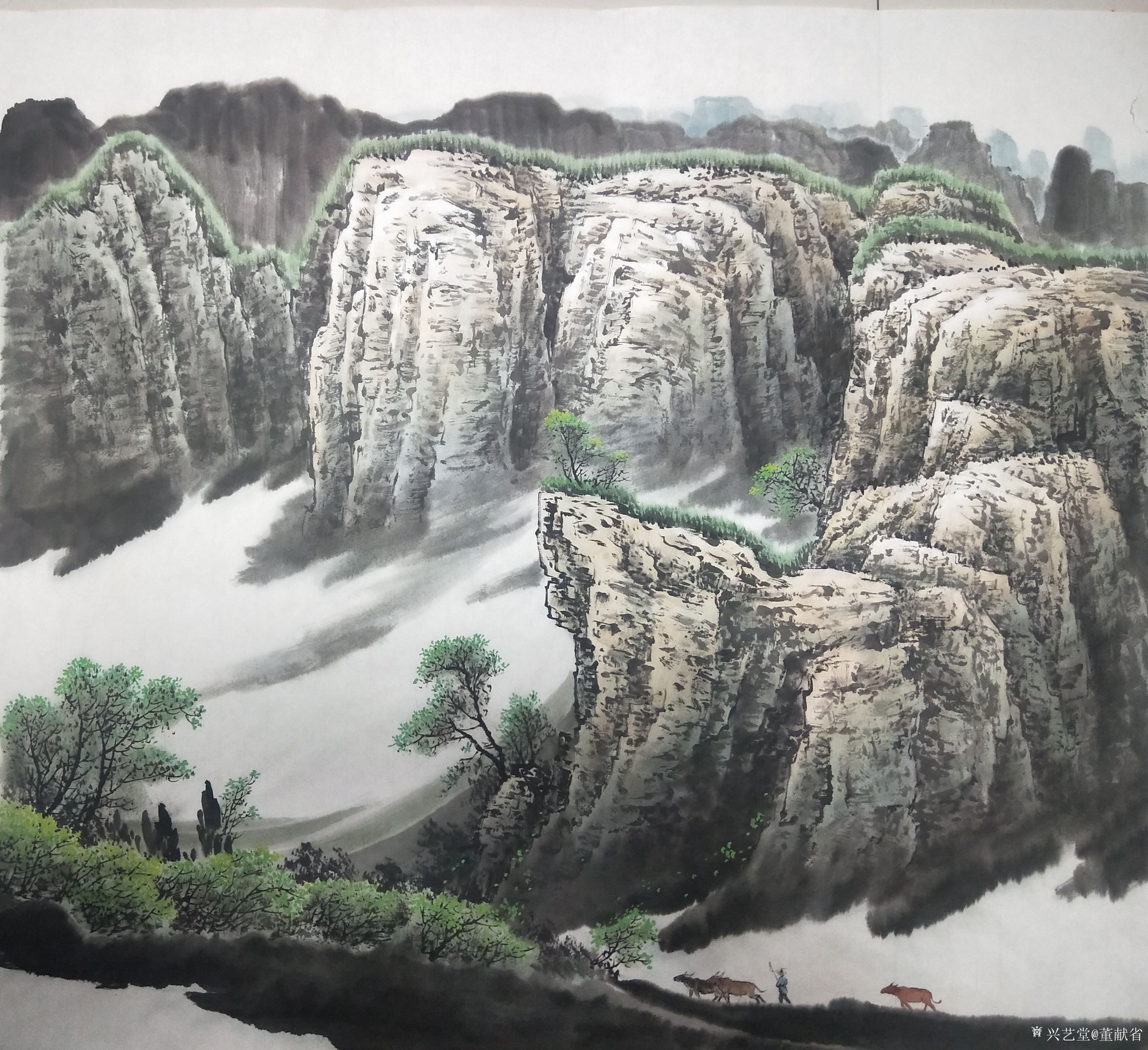 董献省日记:国画山水画《春之歌》一幅。暖日映山调正气,东风入树舞残寒。春_兴艺堂