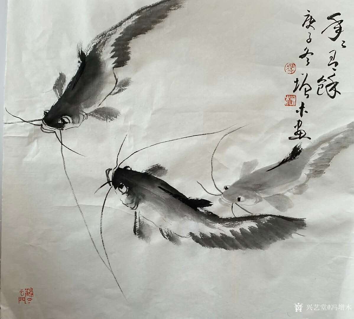 《海深任尔行》《鱼乐天地》《悠然自得》,庚子年冬月冯增木画