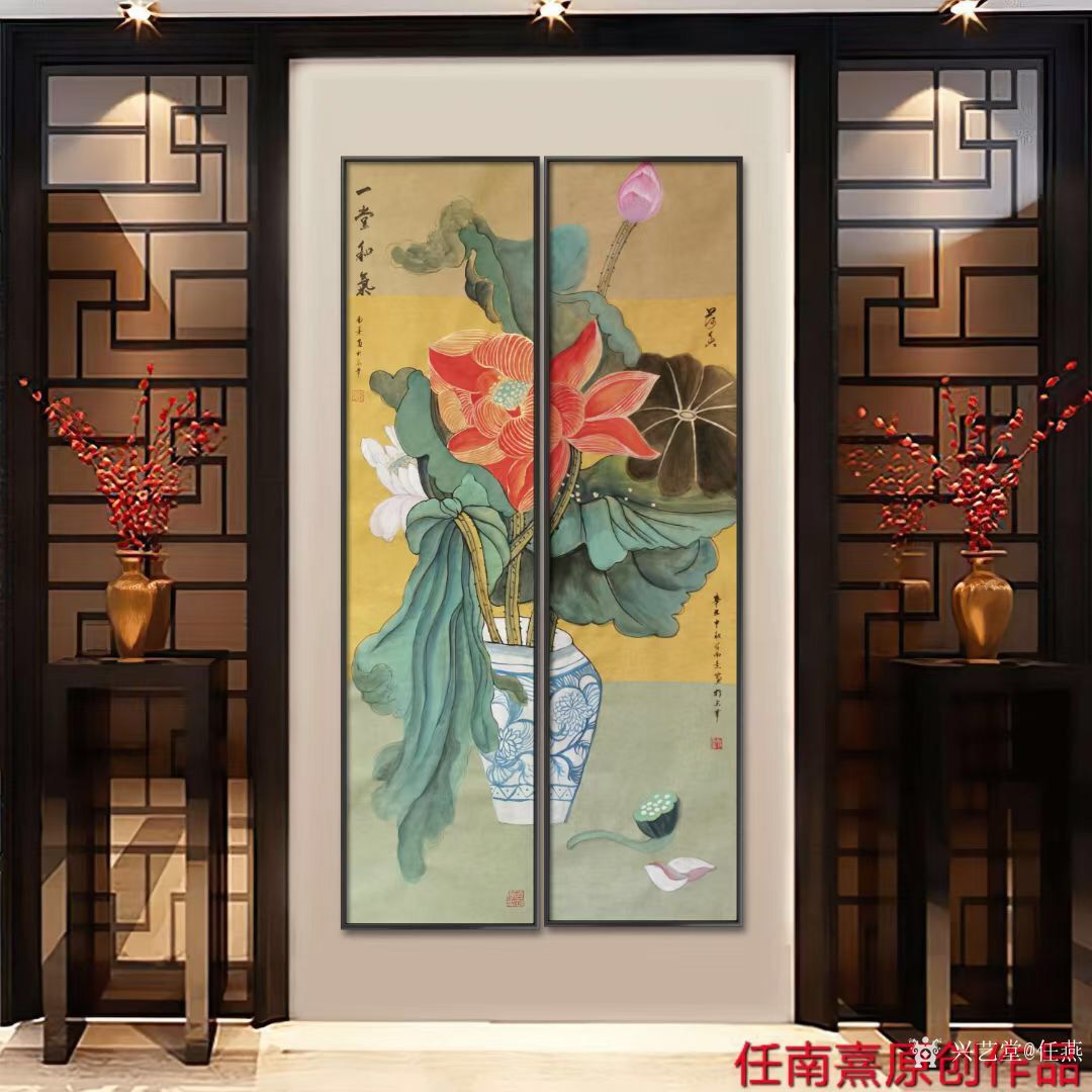 任燕日记-国画工笔画荷花《一堂和气》《荷香》,作品尺寸八尺对开248x