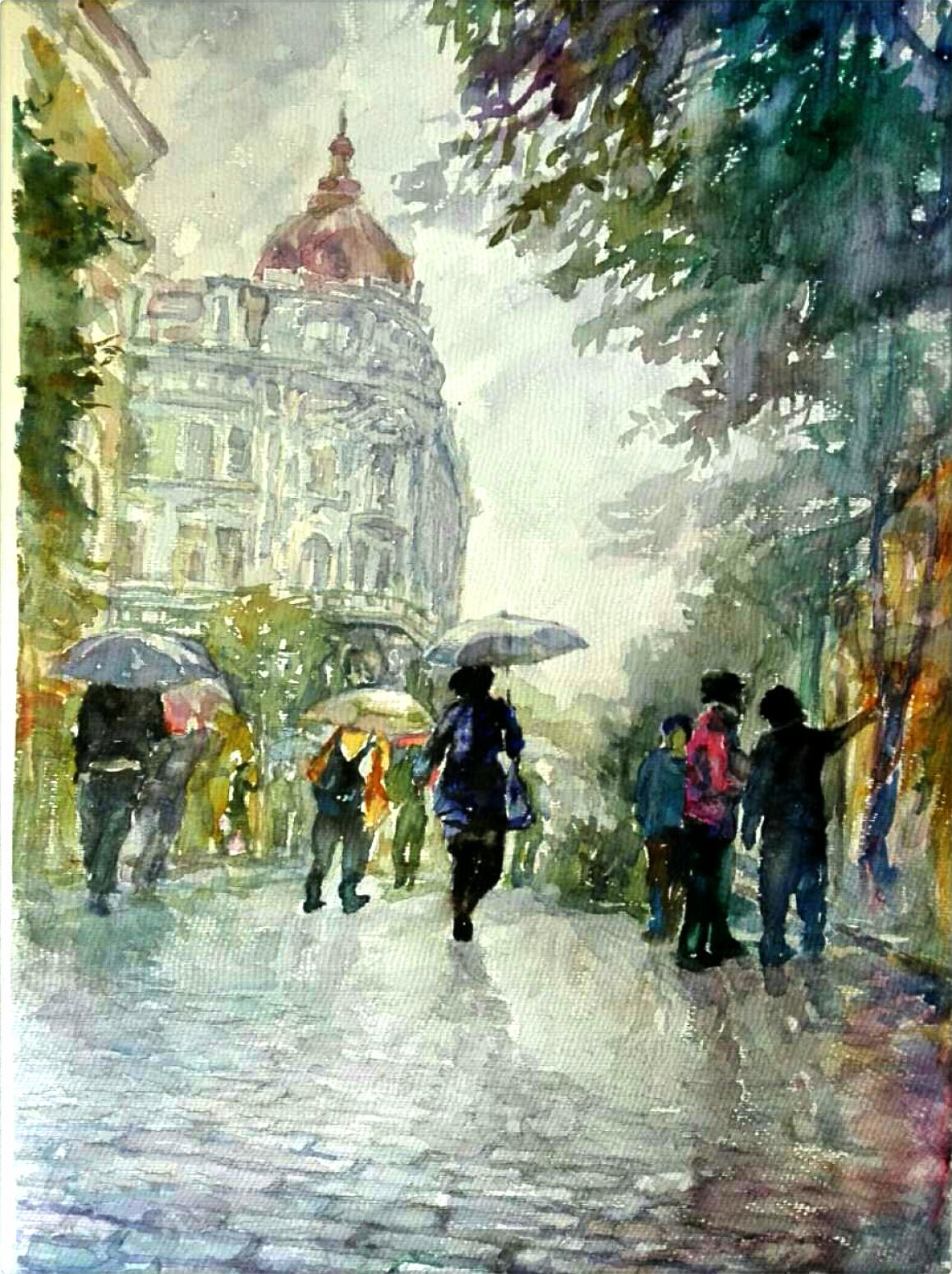 王积强国画作品《【风雨中的百年老街】作者王积强》【图0】