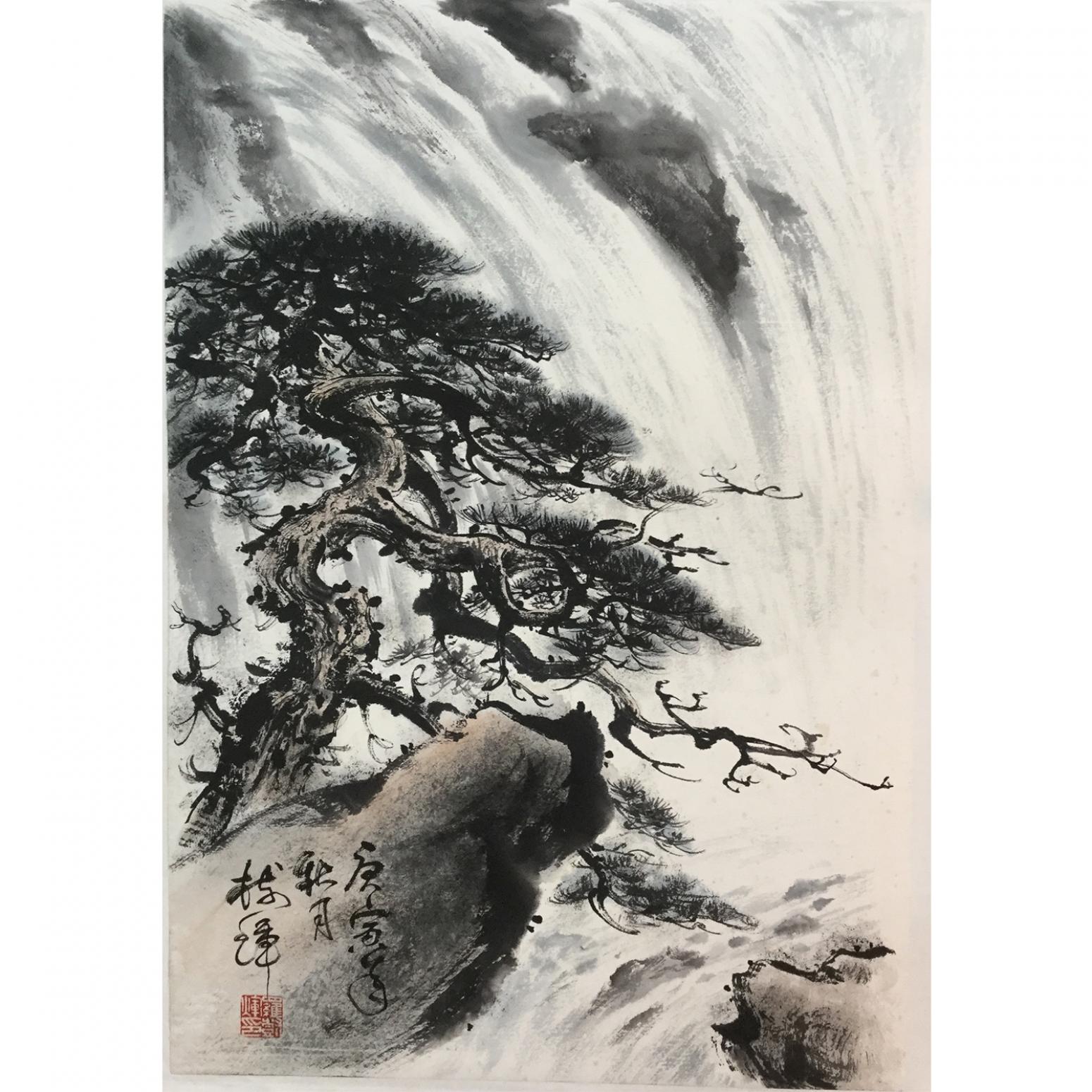 罗树辉国画作品《【瀑下松立】作者罗树辉》