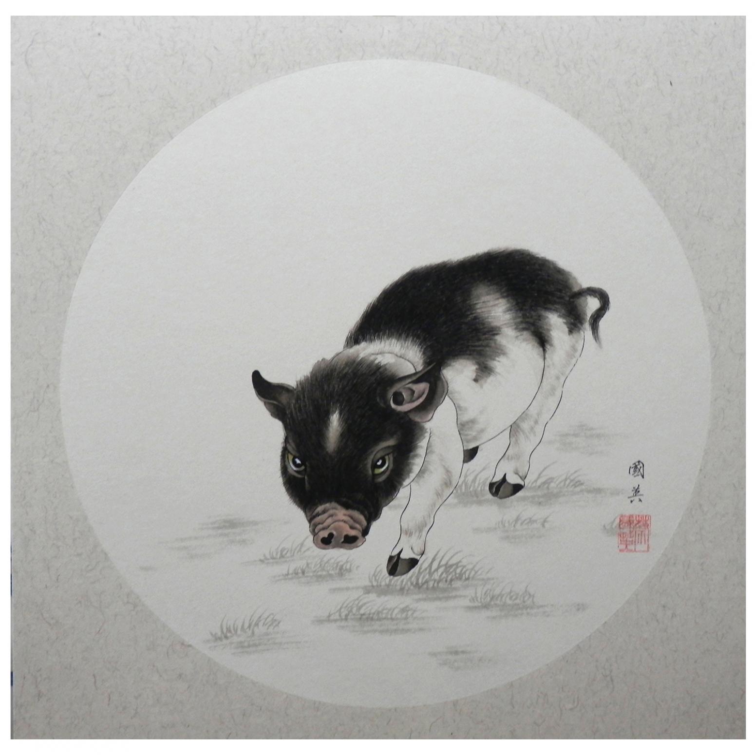 蔡国英国画作品《【生肖猪】作者蔡国英》