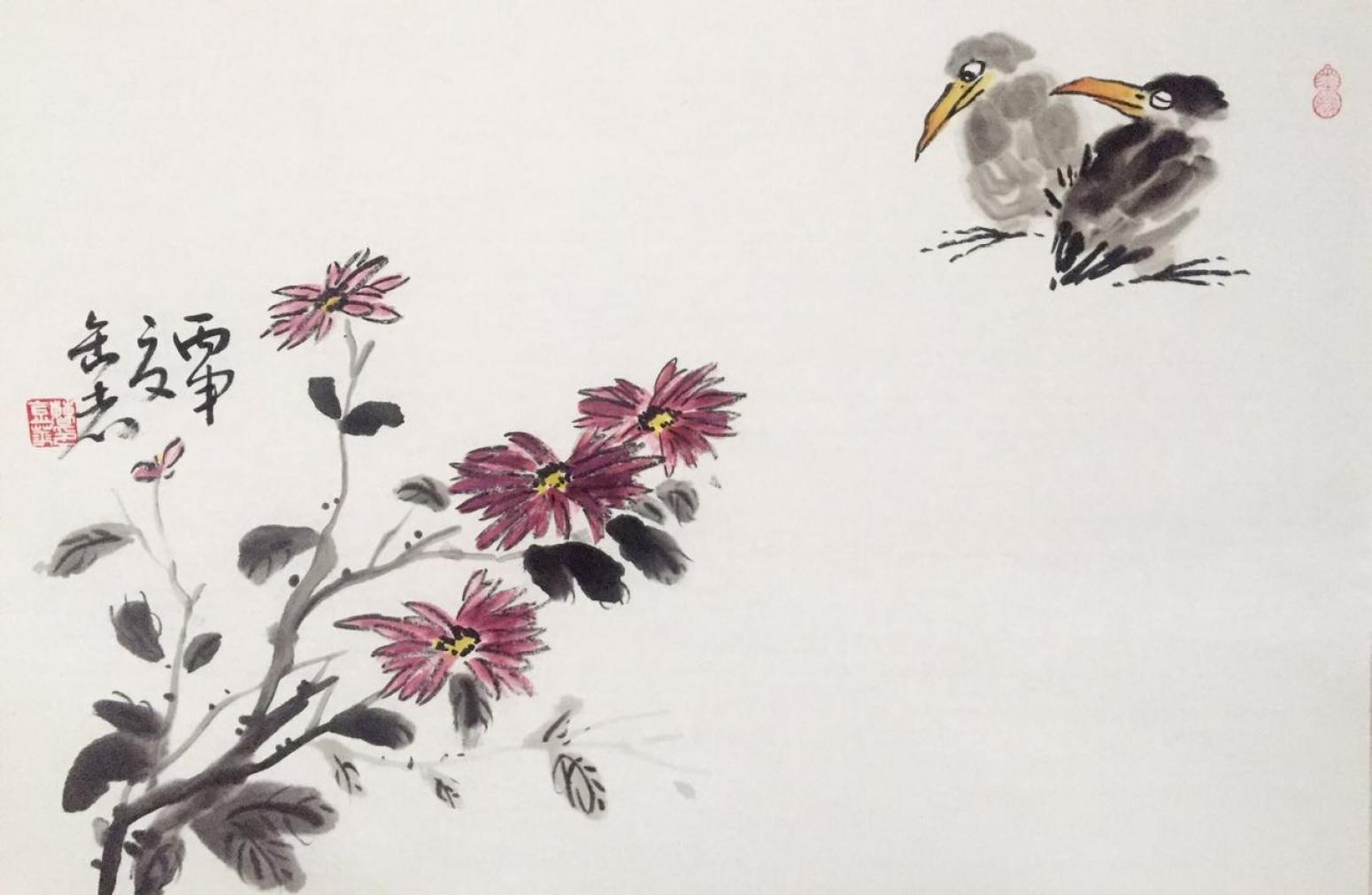 曹金华国画作品《【两鸟四花】作者曹金华》【图0】