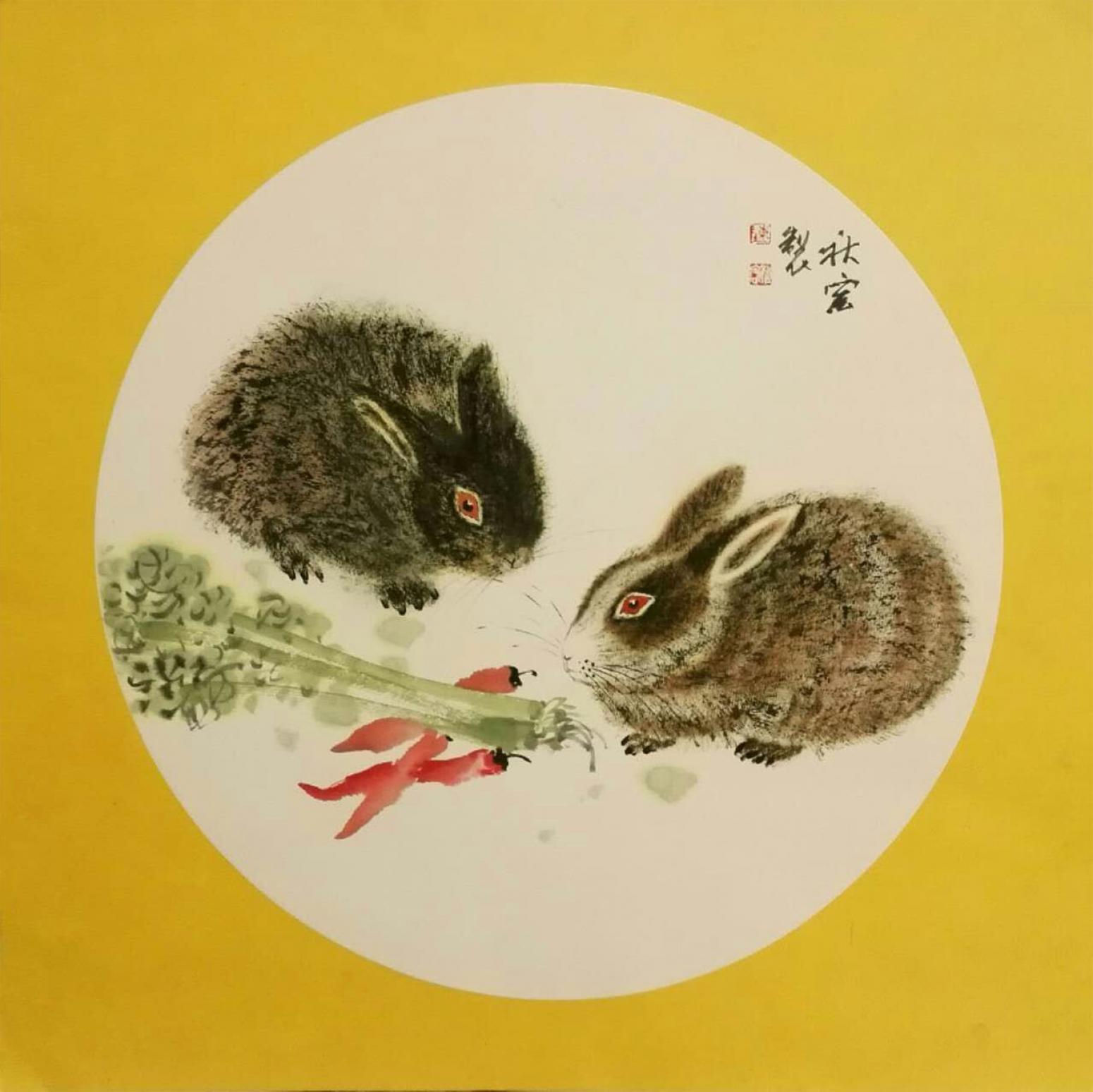 陈秋宏国画作品《【双兔同食】作者陈秋宏》【图0】