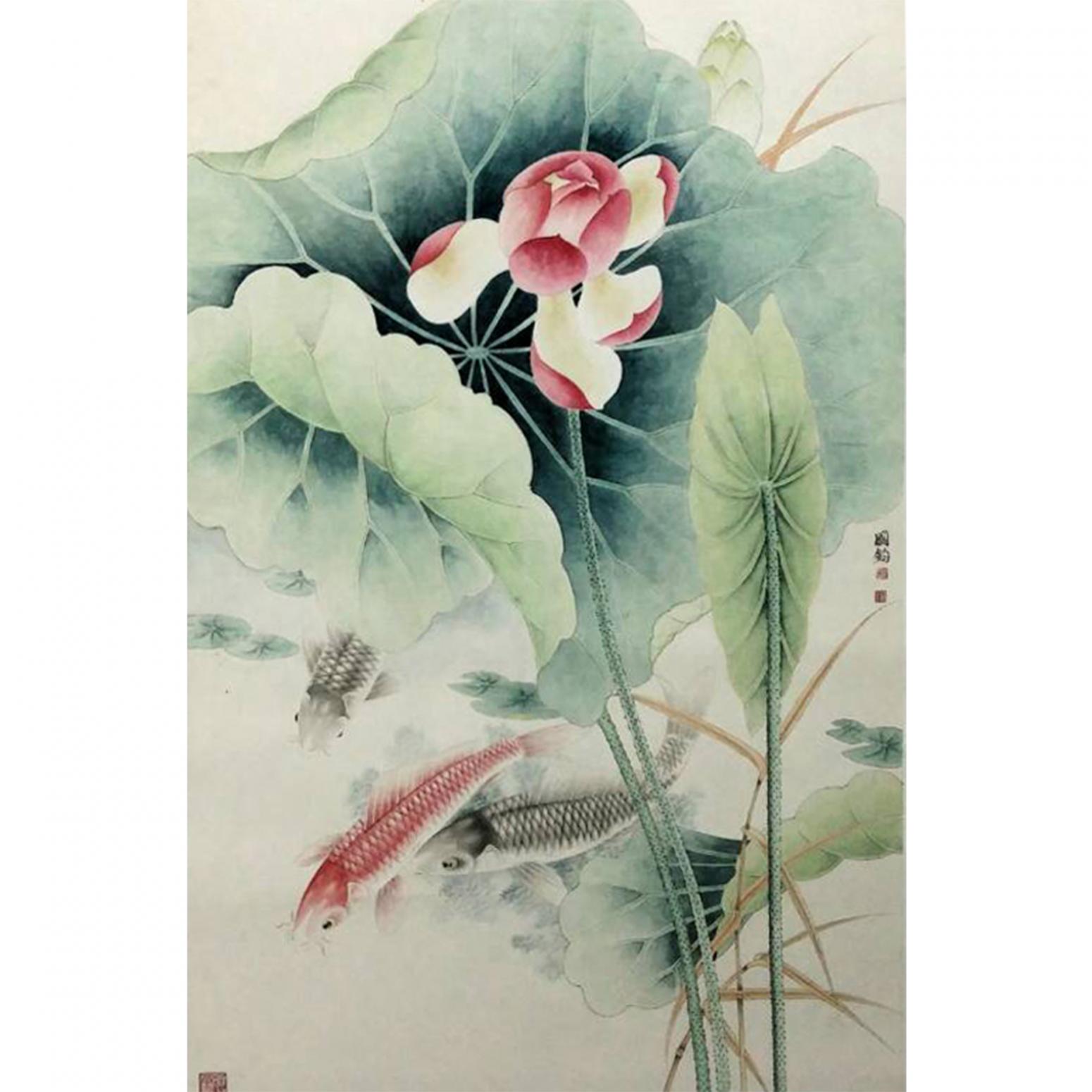 杨国钧国画作品《【荷叶鱼】作者杨国钧》