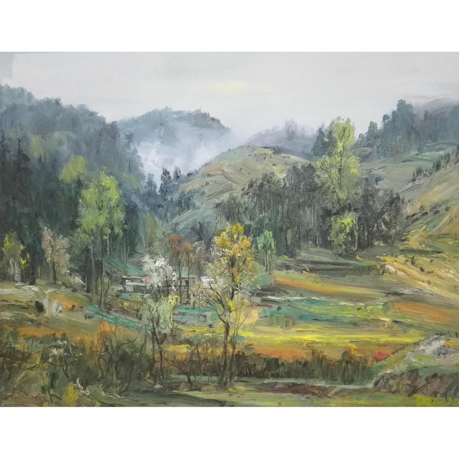 朱明油画作品《【山涧小村】作者朱明》