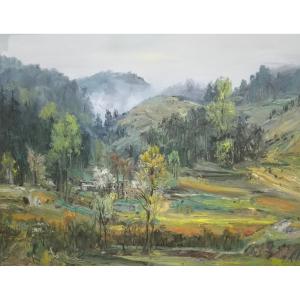 艺术品图片：艺术家朱明油画作品名称《【山涧小村】作者朱明》价格9600.00 元
