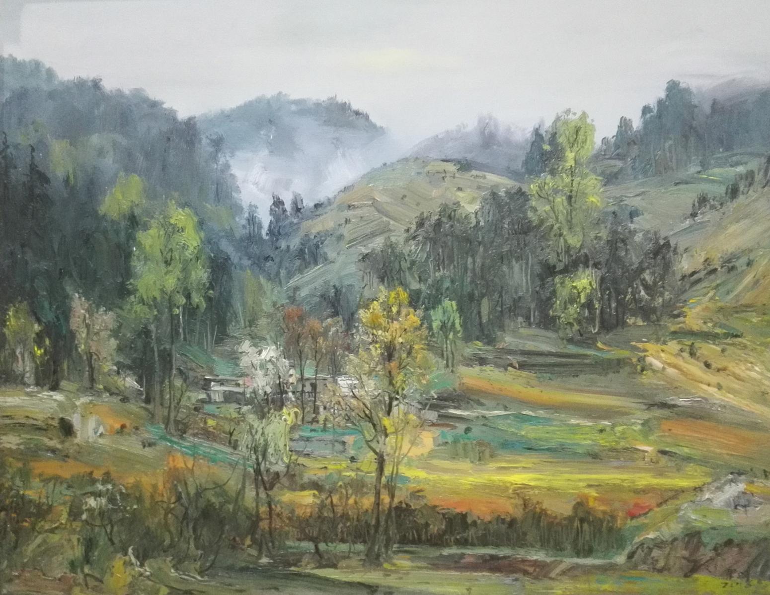 朱明油画作品《【山涧小村】作者朱明》【图0】