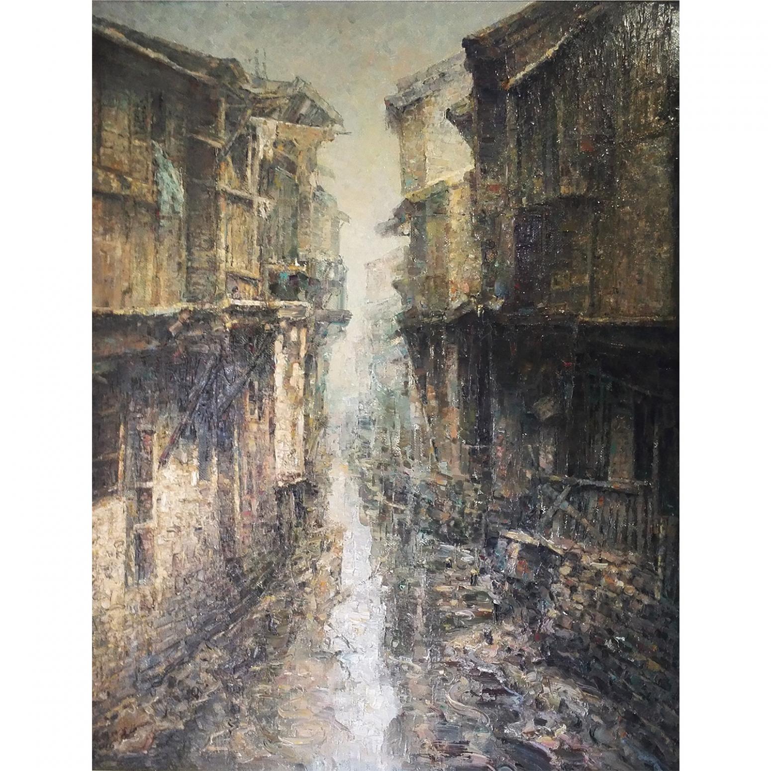 朱明油画作品《【雨后小巷】作者朱明》