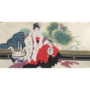 艺术品图片：艺术家姜进清国画作品名称《【仕女碧荷图】作者姜进清》价格1200.00 元