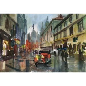 艺术品图片：艺术家杨阳国画作品名称《【雨中广场】作者杨阳》价格960.00 元