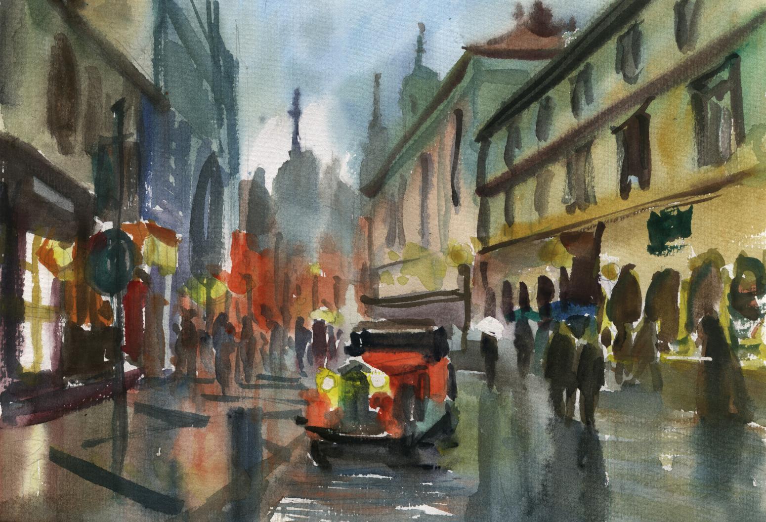 杨阳国画作品《【雨中广场】作者杨阳》【图0】