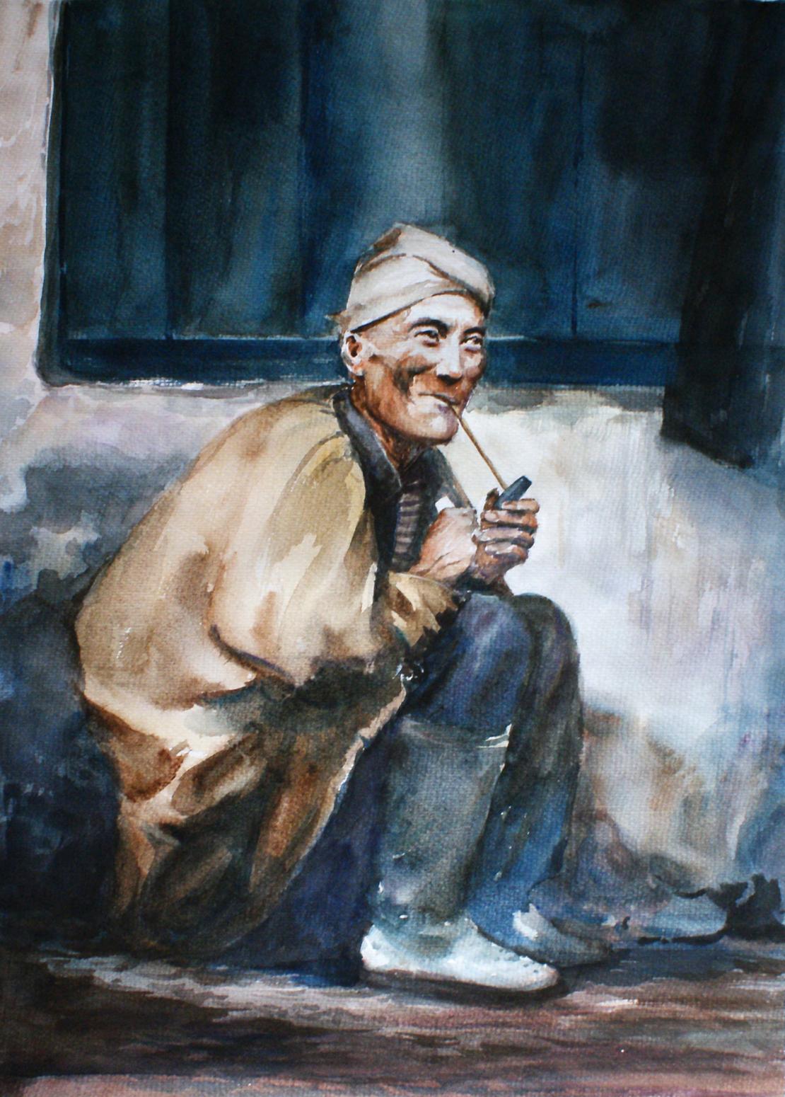 杨阳国画作品《【吸烟老人】作者杨阳》【图0】