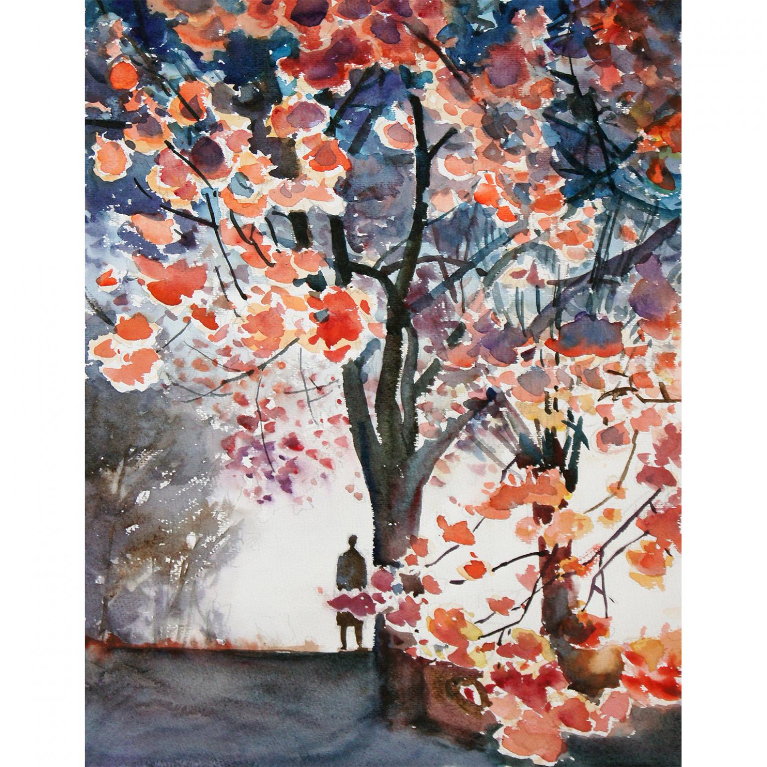 杨阳国画作品《【樱花树下】作者杨阳》