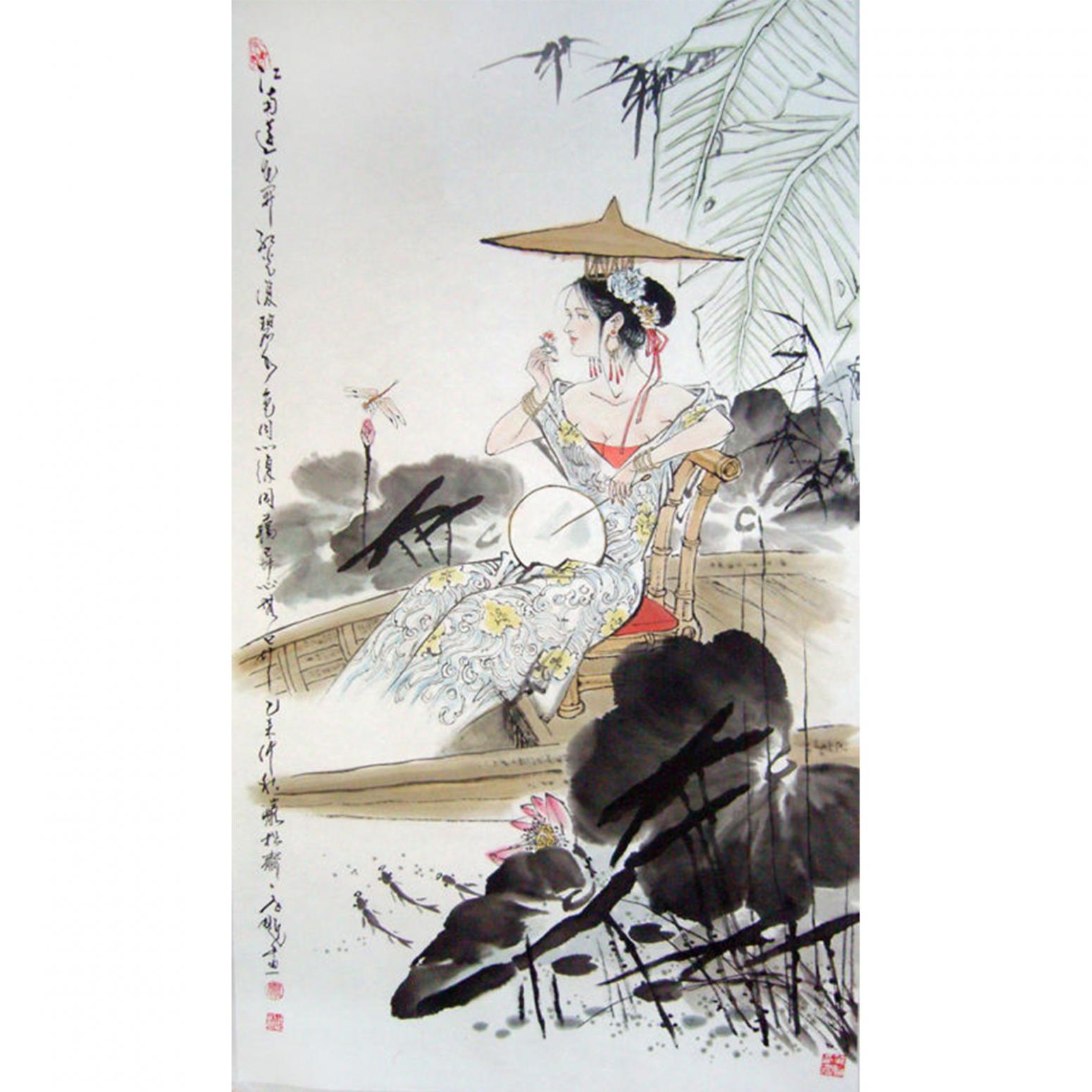 窦世魁国画作品《人物画-卧莲》