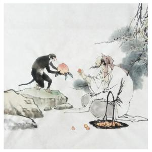 艺术品图片：艺术家窦世魁国画作品名称《人物画-神猿献寿》议价