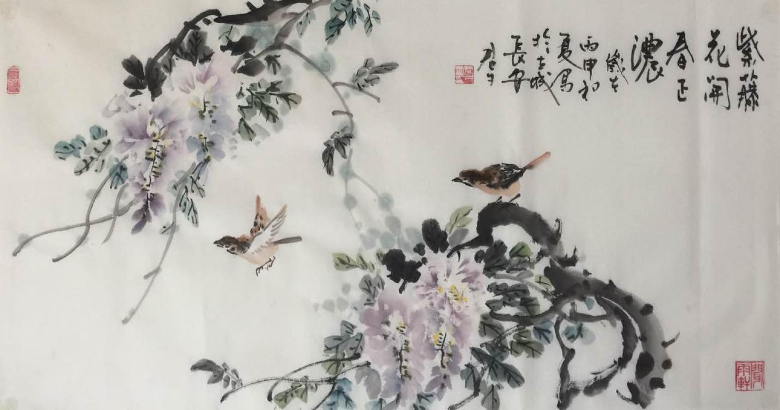 田君才国画作品《【紫藤花开】作者田君才》【图0】