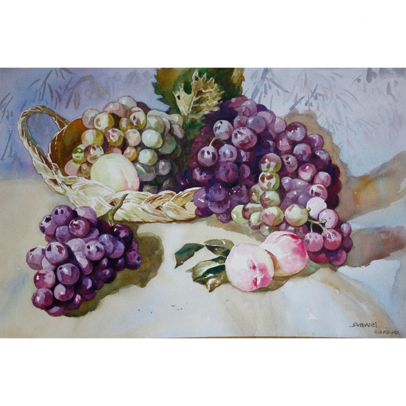 孙威国画作品《【葡萄与桃】作者孙威》