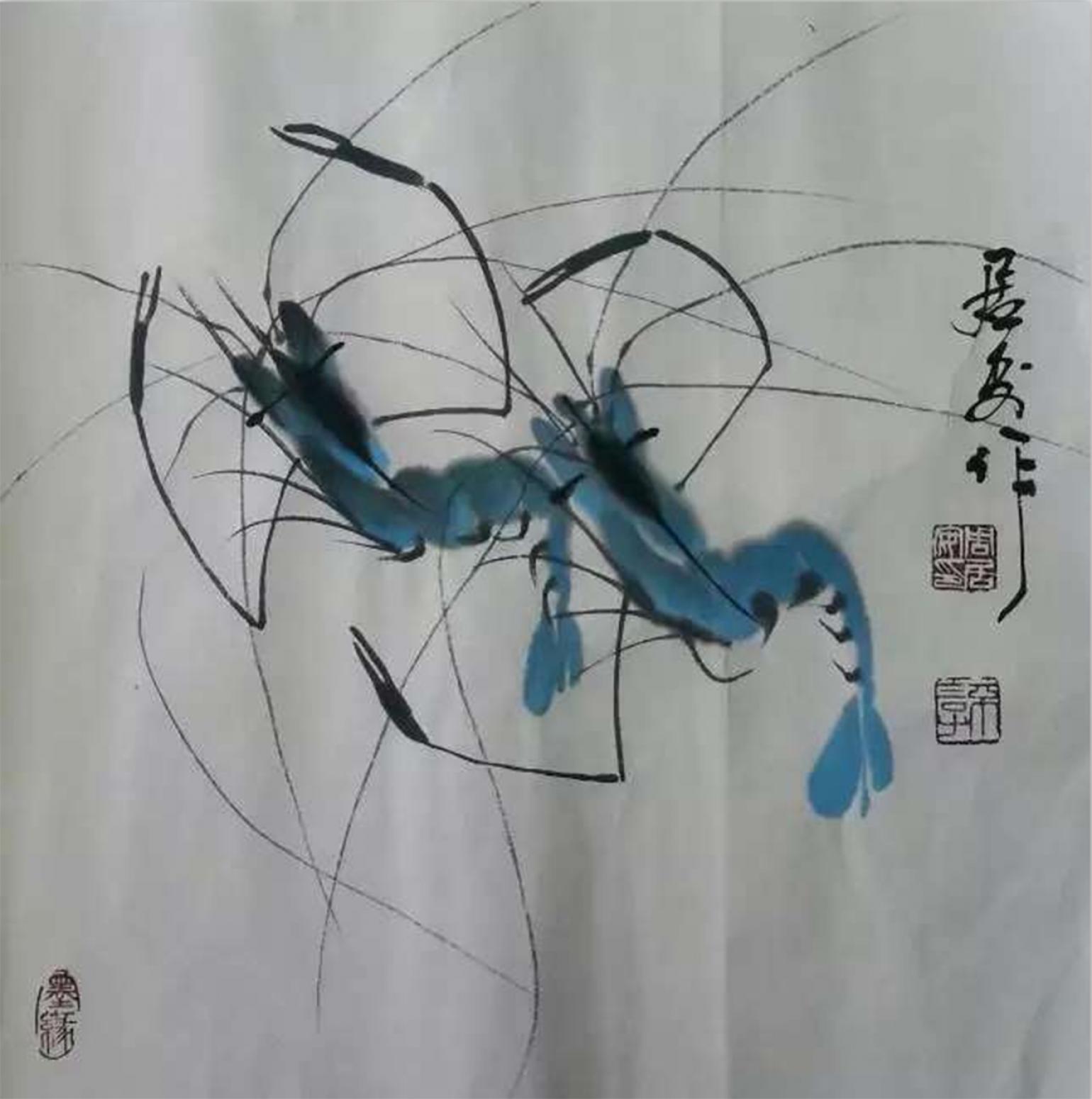 周居安国画作品《【彩虾】作者周居安》【图0】