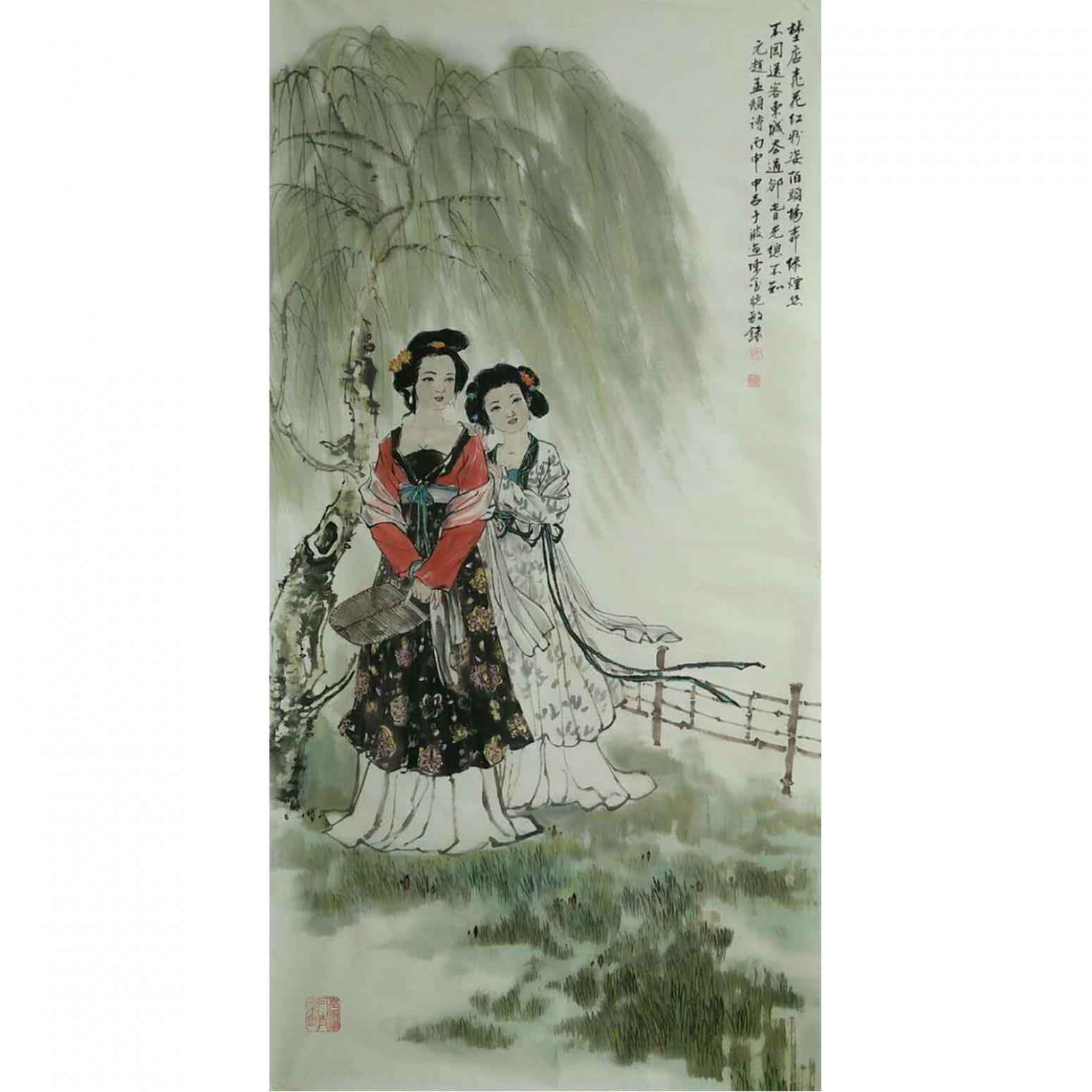 于波国画作品《【柳下双女图】作者于波》