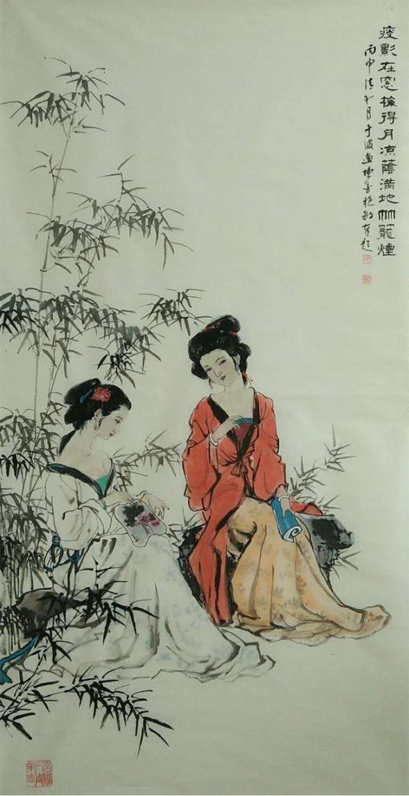 于波国画作品《【红衣双女图】作者于波》【图0】