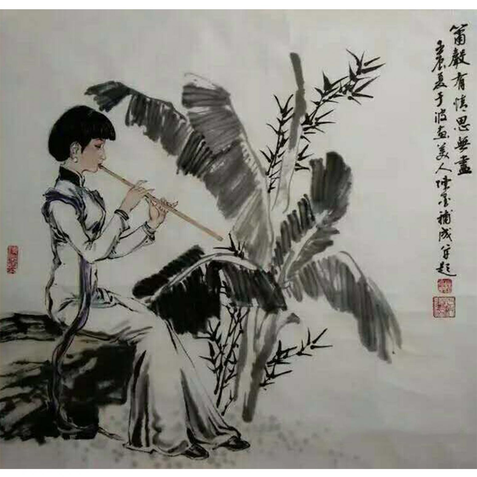 于波国画作品《【吹箫少女图】作者于波》