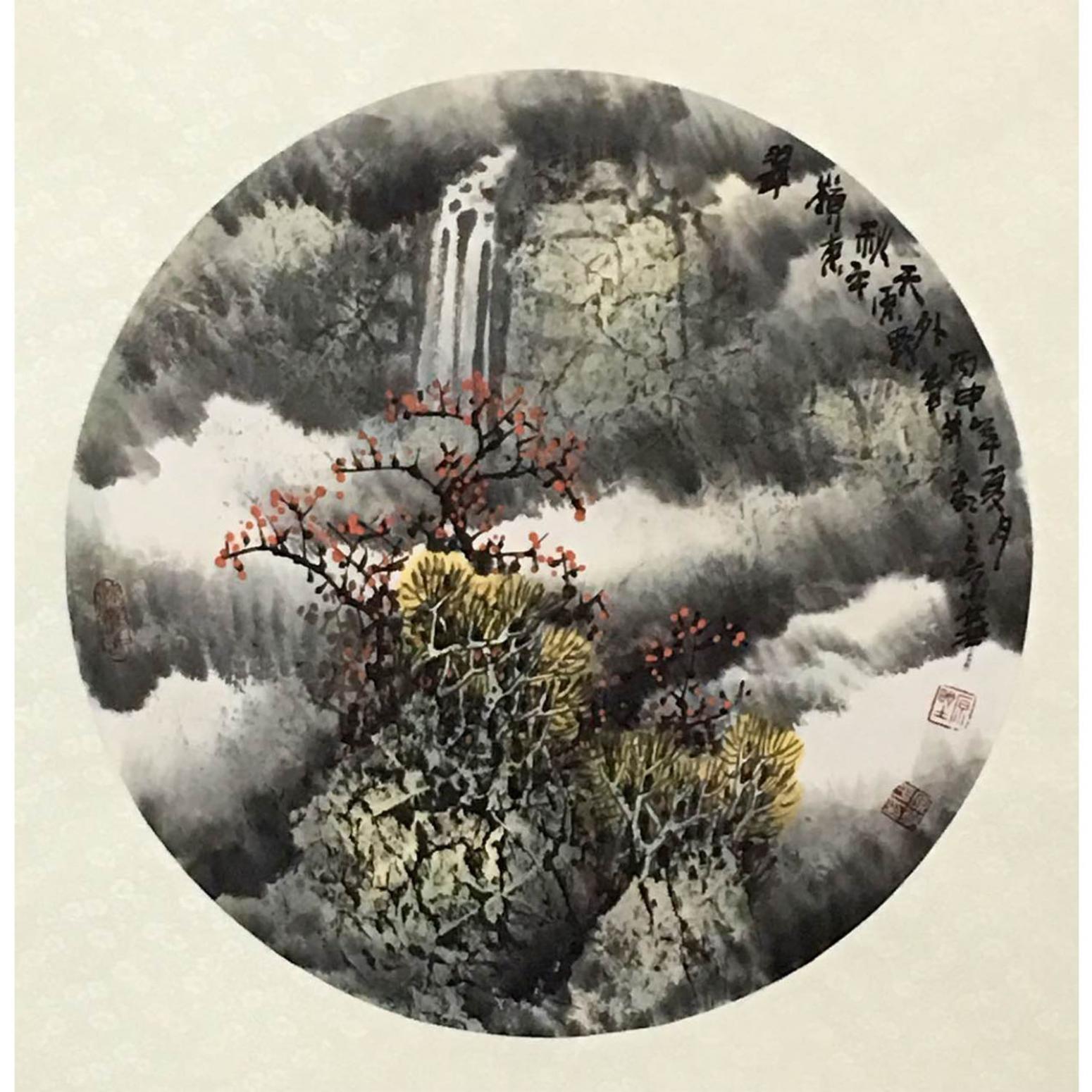 原东平国画作品《【瀑布春景图】作者原东平》