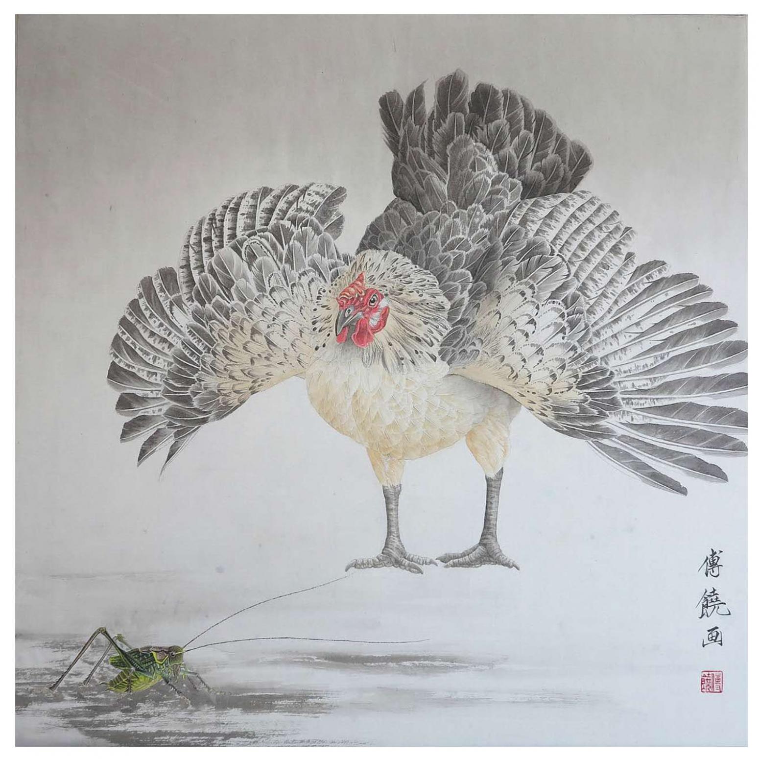 傅饶国画作品《【雄鸡扑食】作者傅饶》