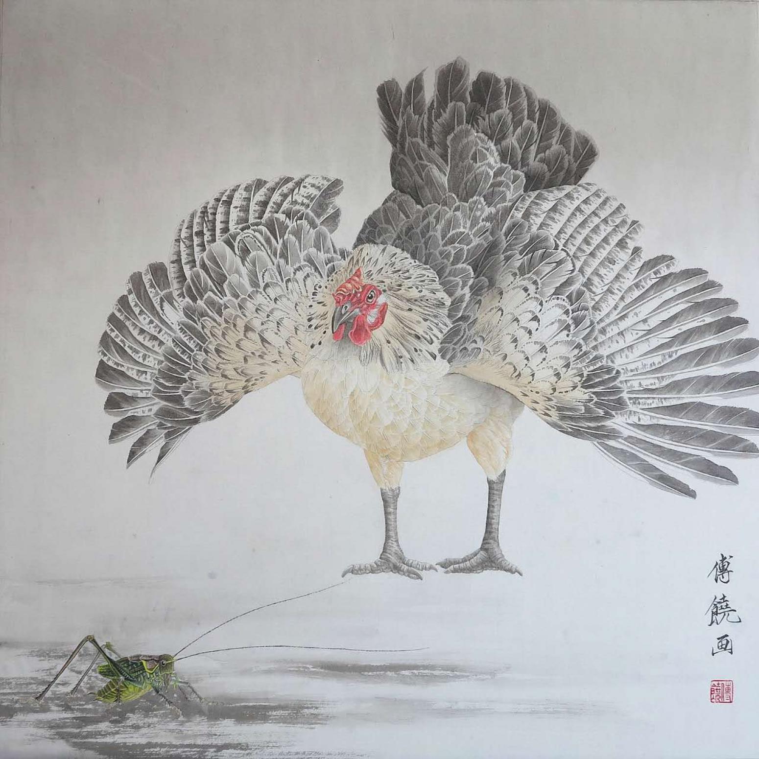 傅饶国画作品《【雄鸡扑食】作者傅饶》【图0】