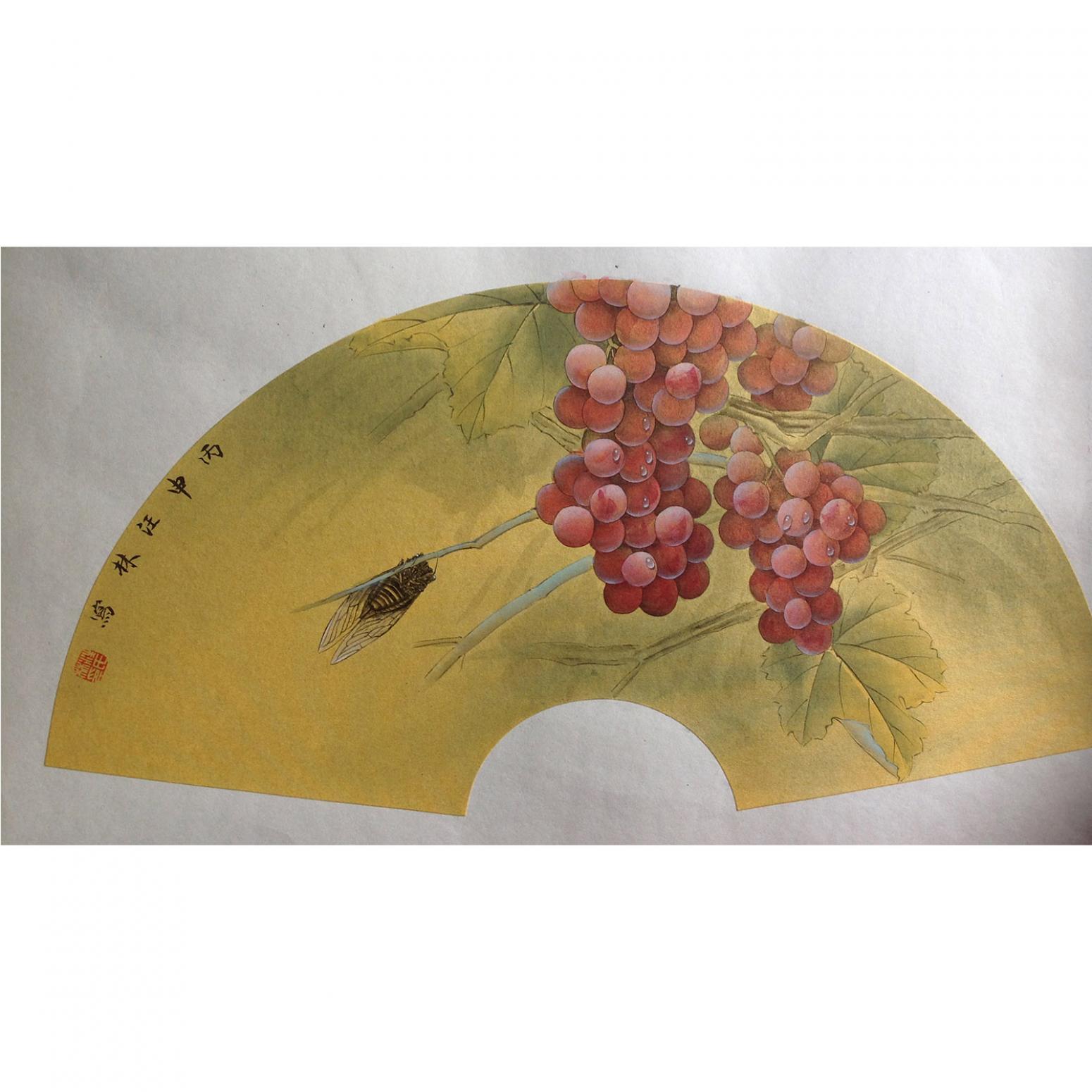 汪林国画作品《【扇面 蟋蟀葡萄】作者汪林》