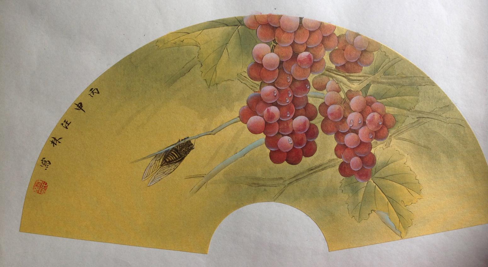 汪林国画作品《【扇面 蟋蟀葡萄】作者汪林》