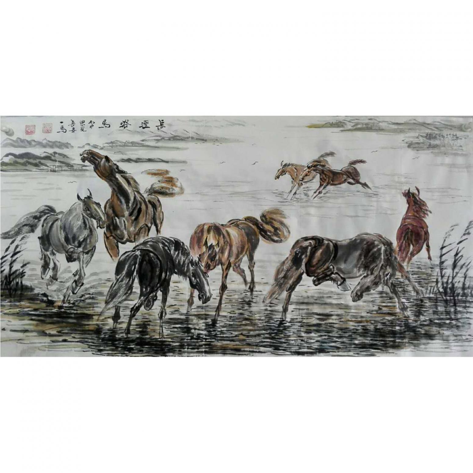 邵西安国画作品《【长泾浴马】作者邵西安》