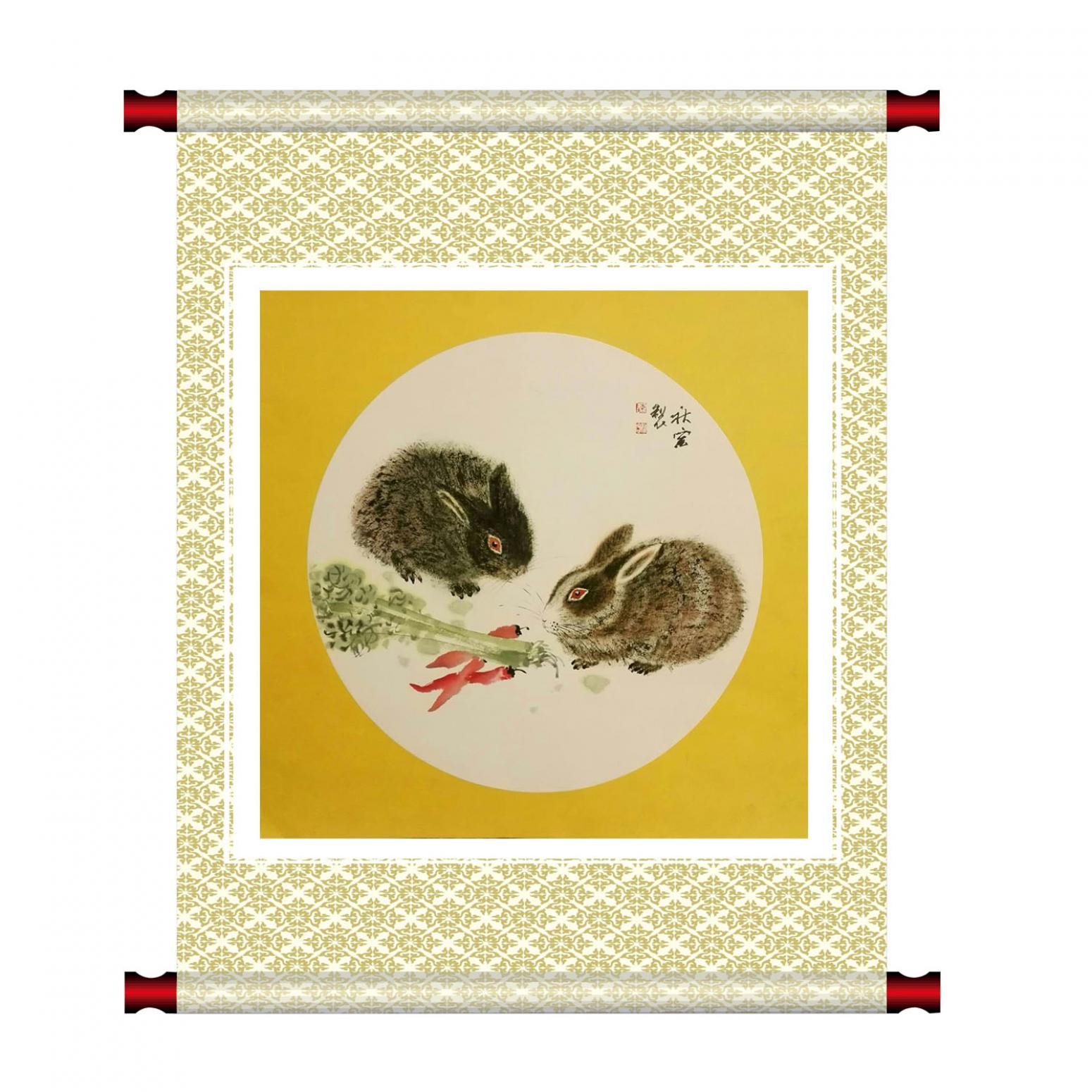 陈秋宏国画作品《【双兔同食】作者陈秋宏》【图1】