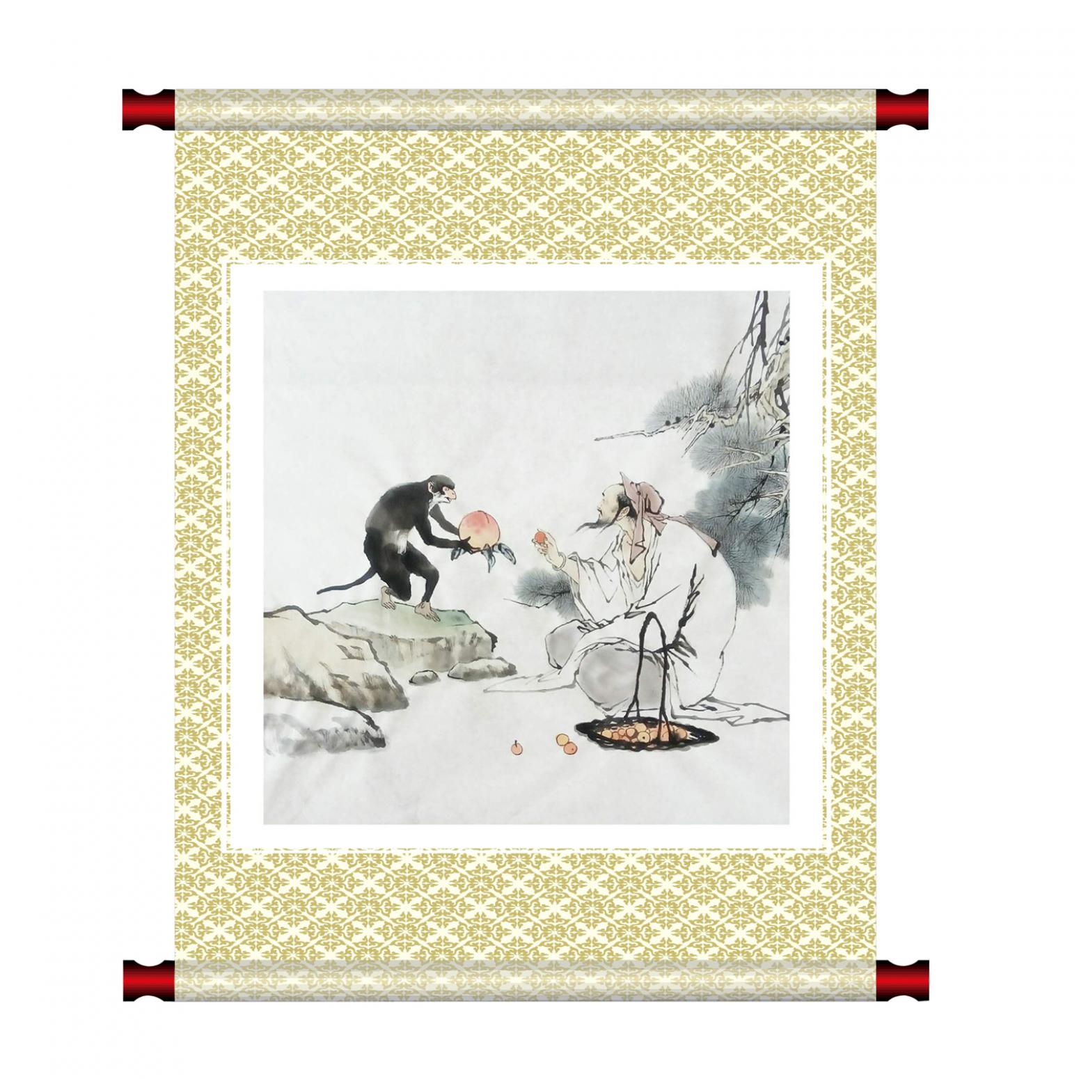 窦世魁国画作品《人物画-神猿献寿》【图1】