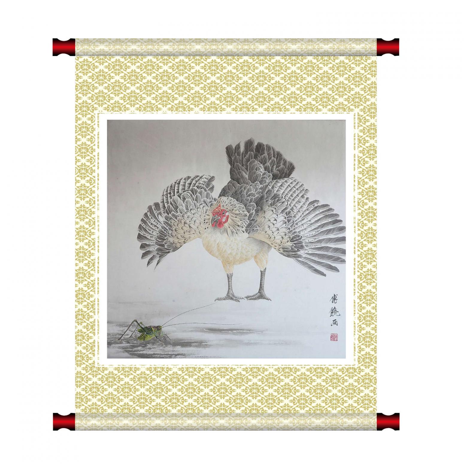 傅饶国画作品《【雄鸡扑食】作者傅饶》【图1】