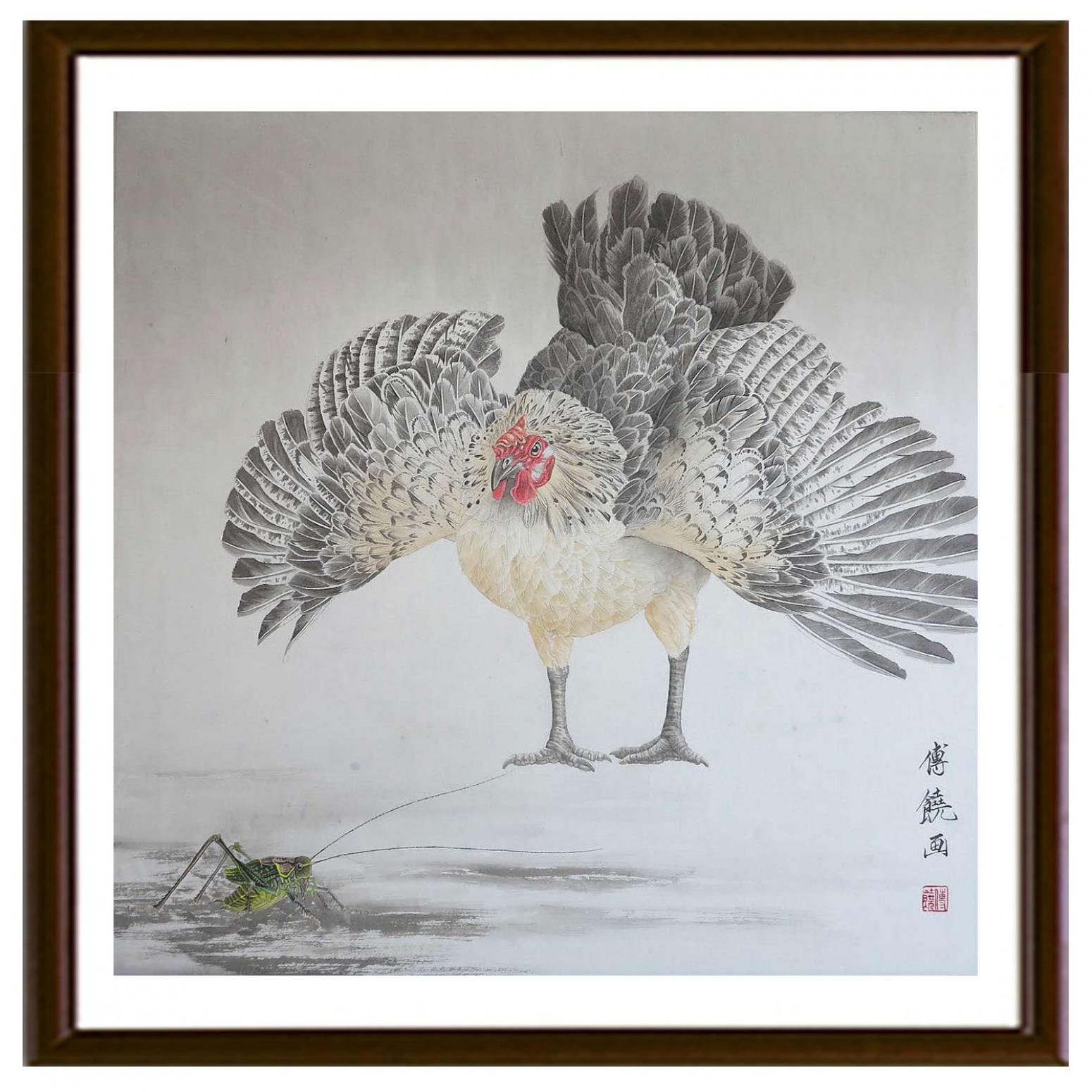 傅饶国画作品《【雄鸡扑食】作者傅饶》【图2】