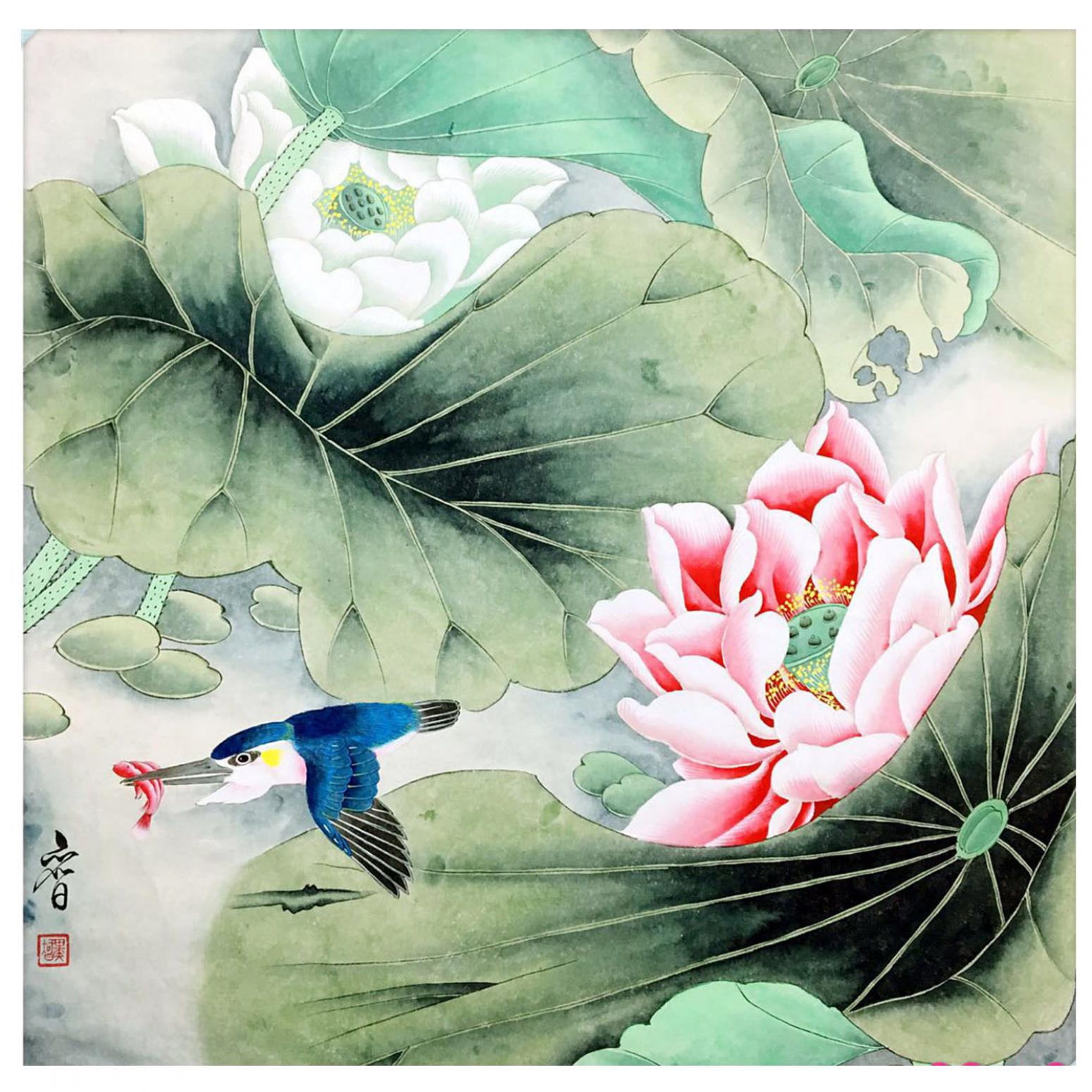 田奕智国画作品《【捕鱼穿莲过】作者田奕智》