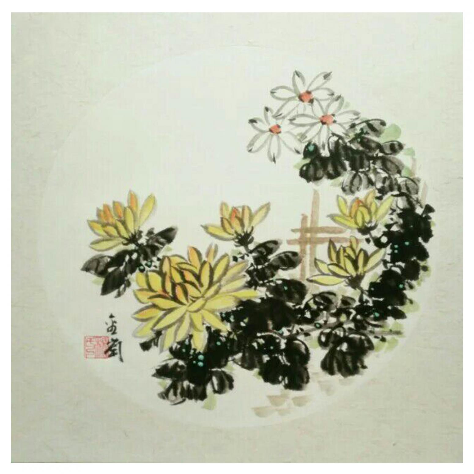 杨金岗国画作品《【粉菊】作者杨金岗》