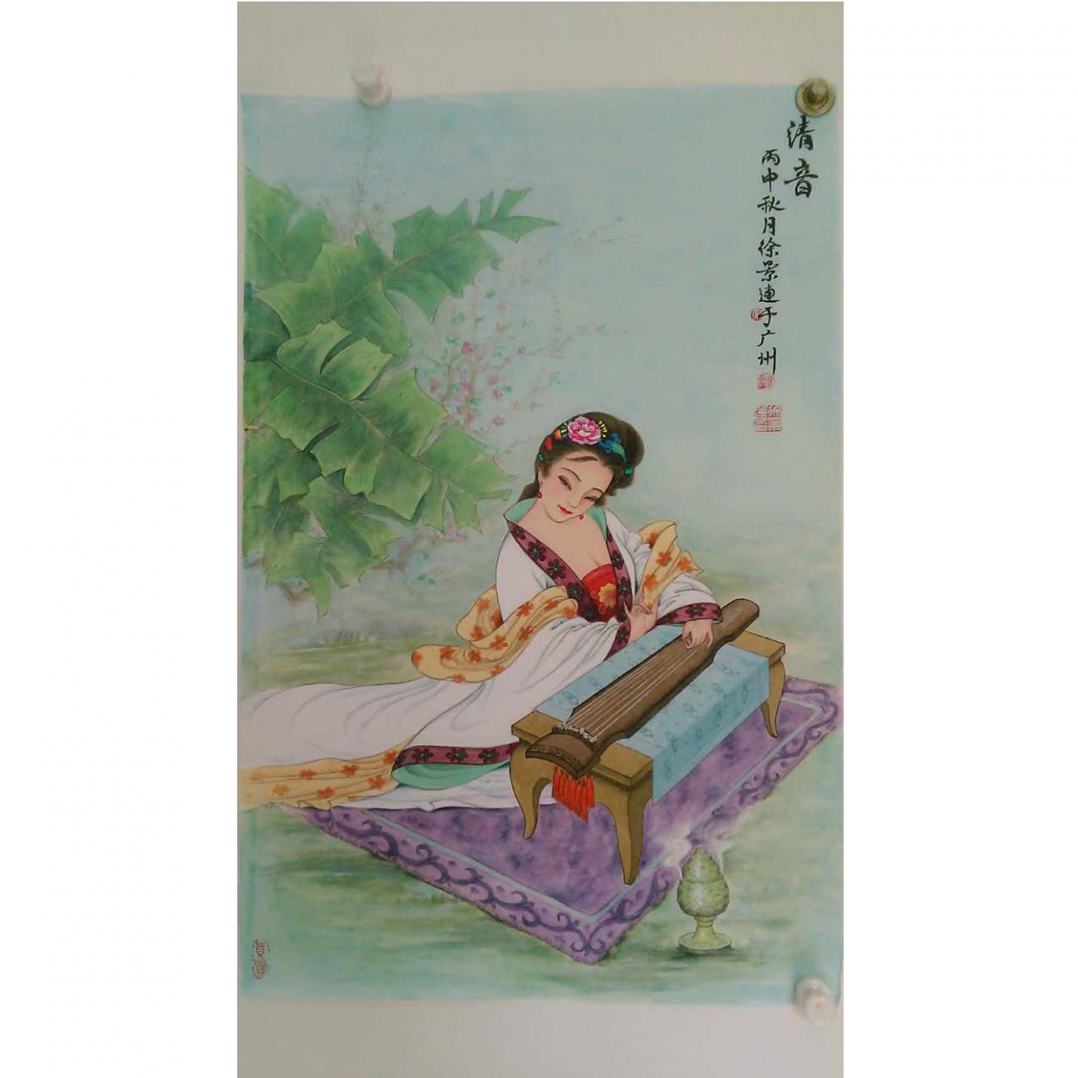 徐景莲国画作品《【仕女抚琴1】徐景莲》