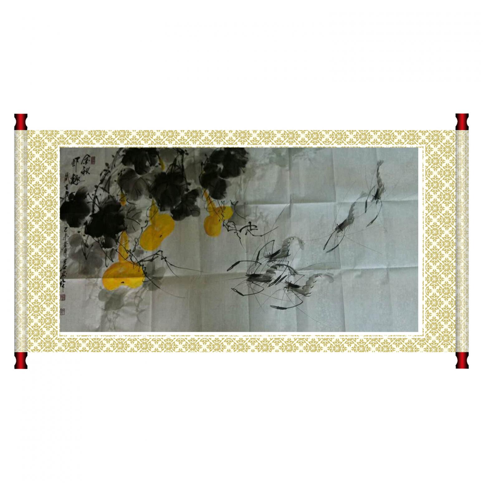 周居安国画作品《【瓜果游虾图】作者周居安》【图1】